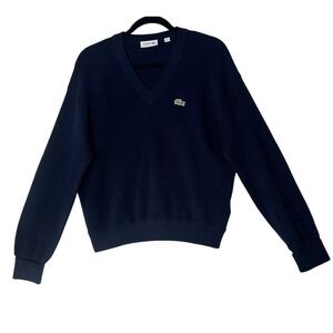 Lacoste Sweater Top Women's Size 36 Navy Long Sleeve V-Neck Crocodile Logo Knit